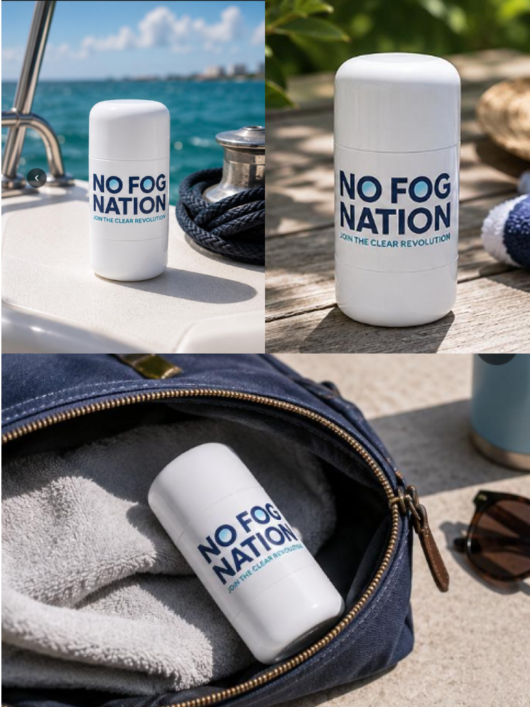 No Fog Nation anti-fog paste lifestyle collage on boat, dock, and travel bag