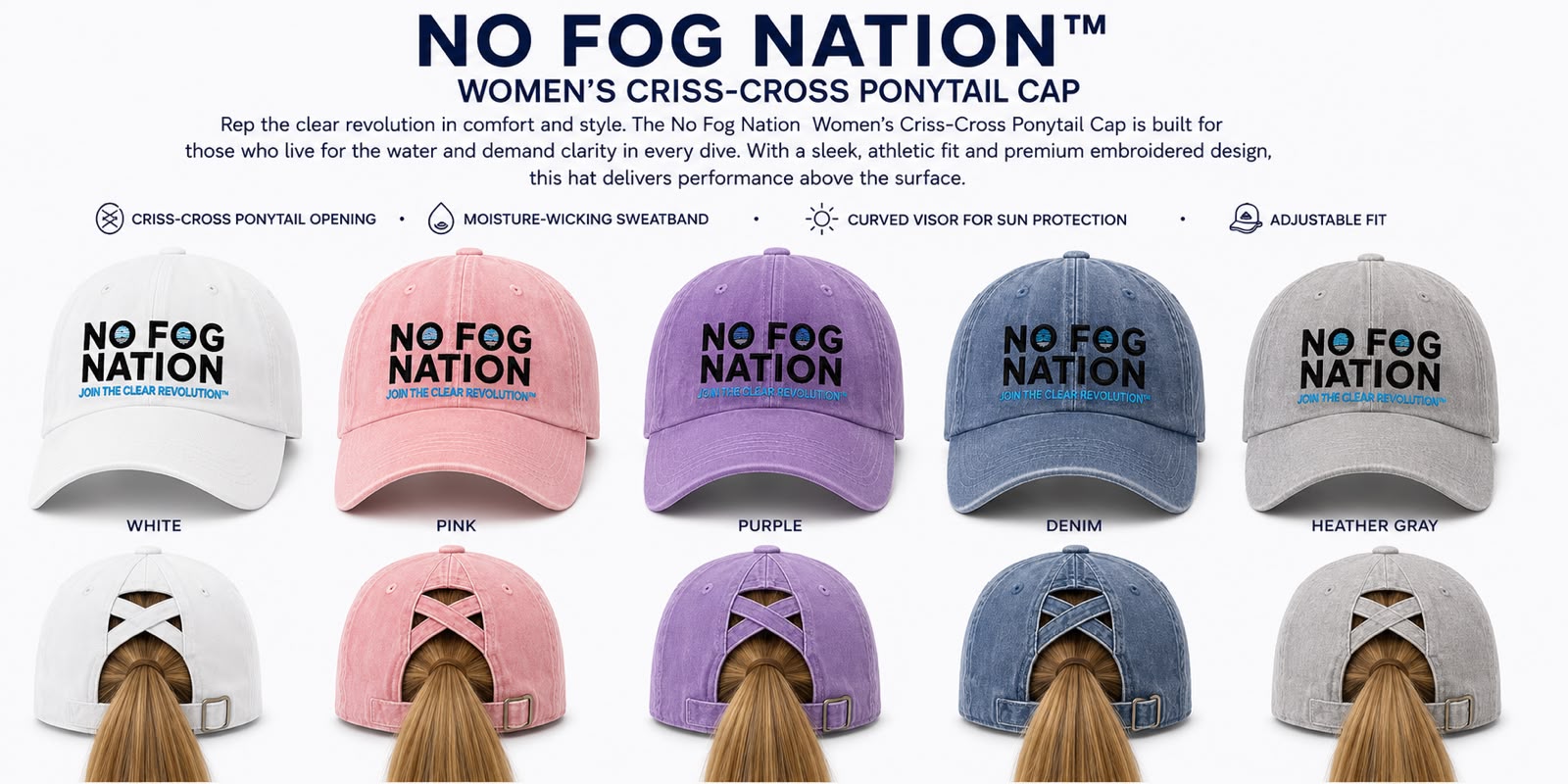 No Fog Nation Women's Criss-Cross Ponytail Cap in White, Pink, Purple, Denim, and Heather Gray