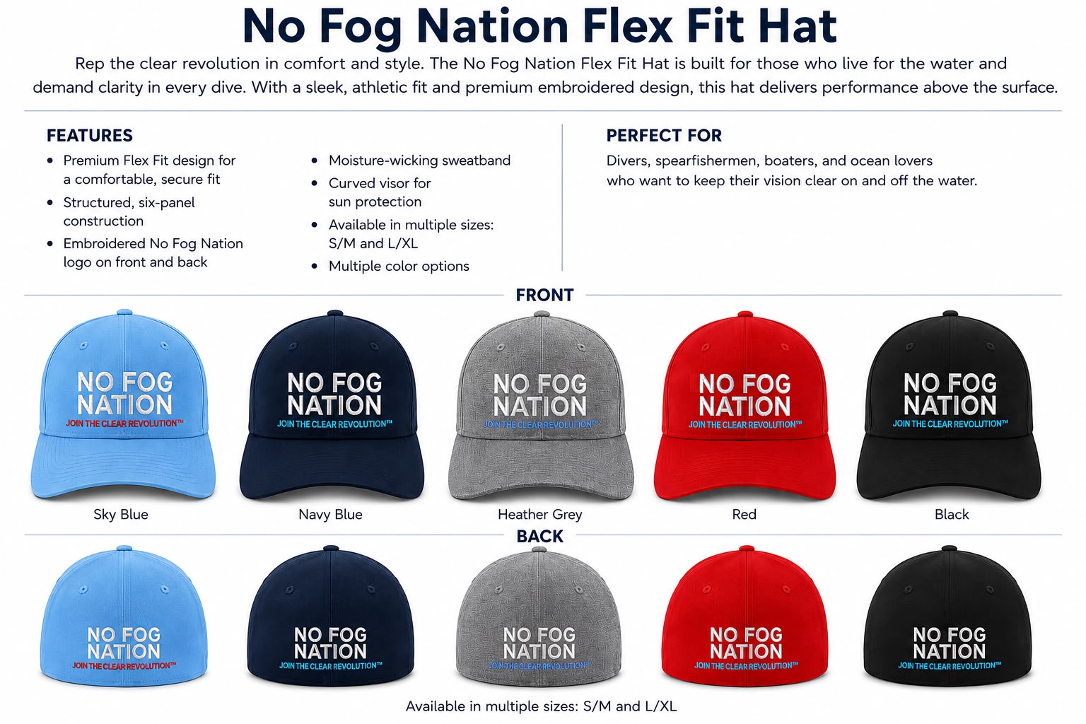 No Fog Nation Flex Fit Hat in Sky Blue, Navy, Heather Grey, Red, and Black — front and back views